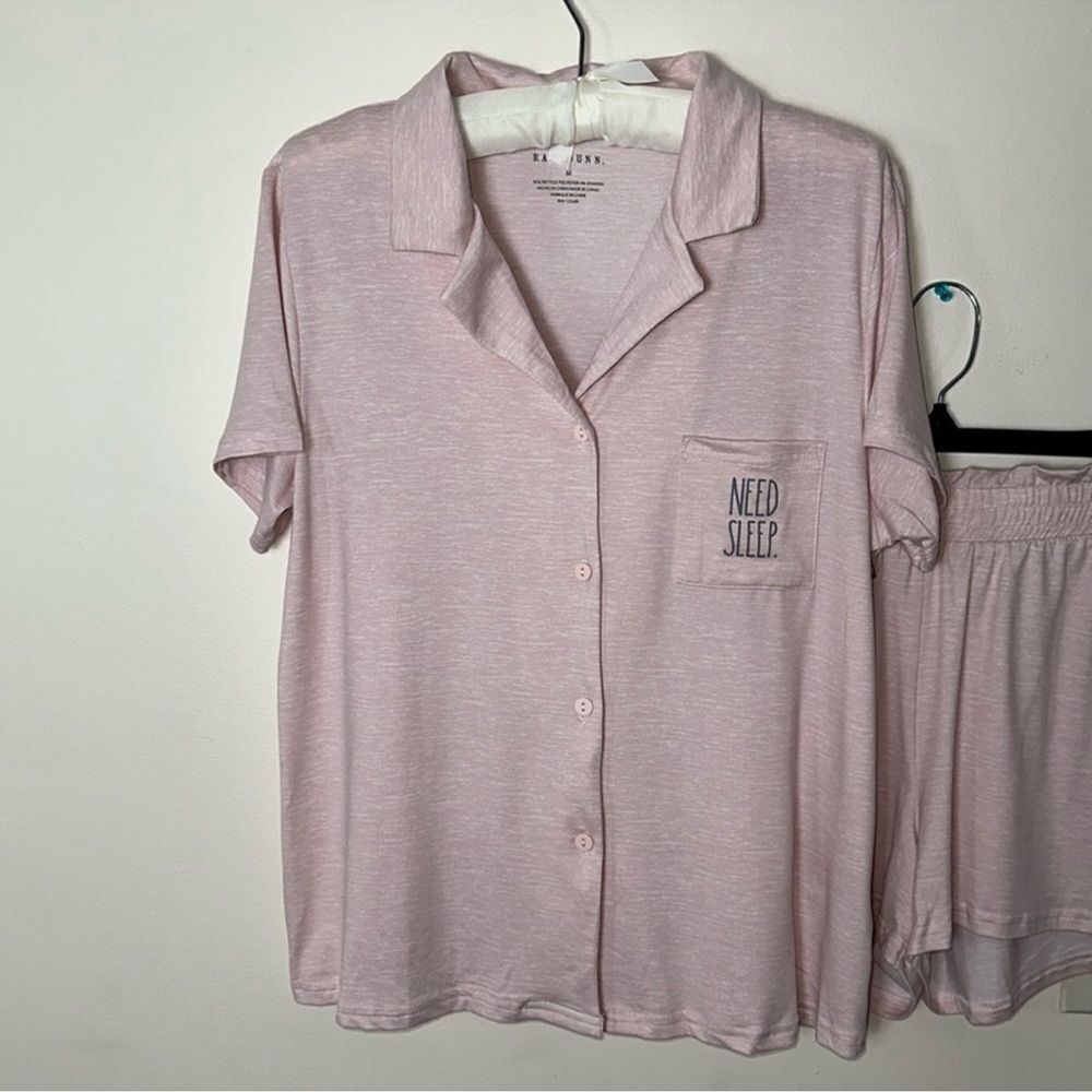 RAE DUNN. M Heather Pink White Notch Collar Short Sleeve Button Top Shorts PJ - Picture 2 of 11
